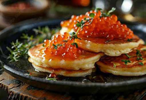 "Close-up of golden potato blini topped generously with vibrant orange Priess & Co. trout caviar and fresh thyme sprigs, served as an elegant appetizer." width="437" height="300"