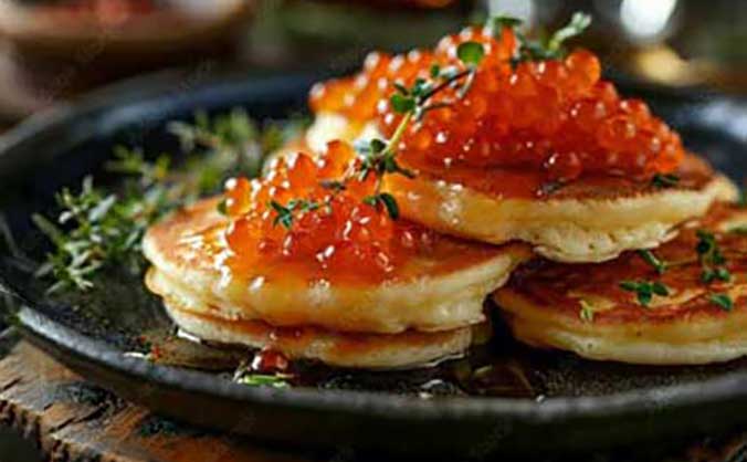 "Close-up of golden potato blini topped generously with vibrant orange Priess & Co. trout caviar and fresh thyme sprigs, served as an elegant appetizer." width="437" height="300"