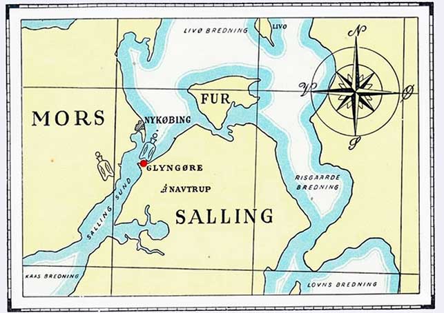 "Historical map of the Glyngøre area in Denmark, showing Salling, Mors, and Fur islands, with a red dot marking Glyngøre, highlighting Priess & Co.'s traditional fishing region since 1900." width="643"  height="454"
